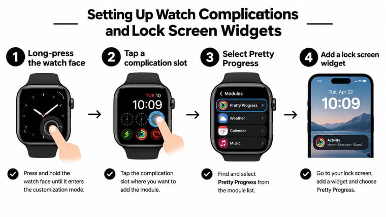 A four-step instructional infographic showing how to set up Pretty Progress watch complications and lock screen widgets.