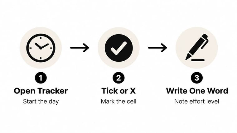 A simple three-step infographic showing how to use a habit tracker system for daily activity.