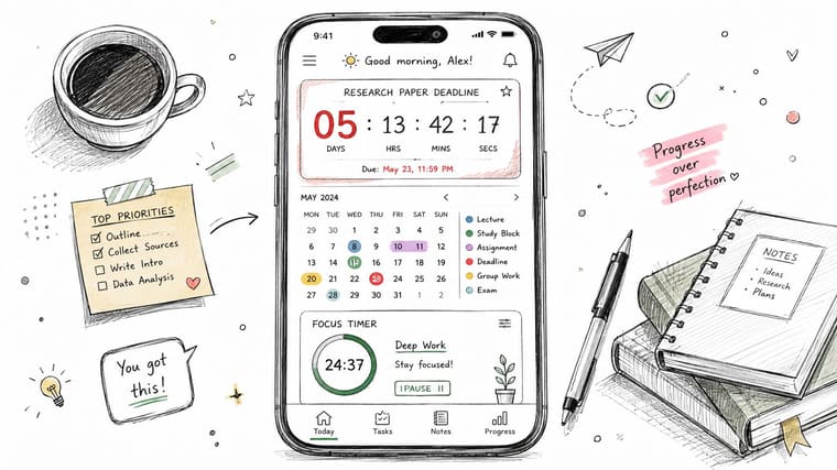 A digital illustration of a smartphone screen showing a time management app interface with a focus timer.