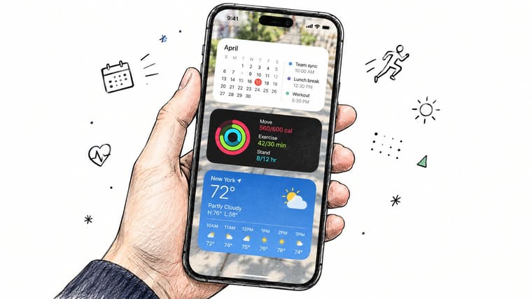 A hand holding a smartphone displaying calendar, fitness activity, and weather widgets on the home screen.