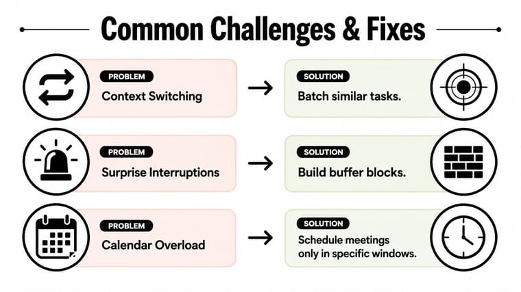 A graphic showing three common productivity challenges and their corresponding solutions for better time management.
