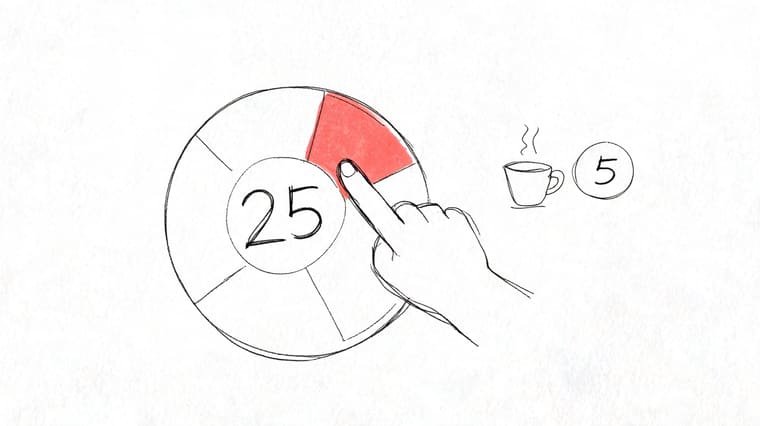 A hand selecting a segment of a circular timer representing twenty-five minutes followed by a five minute break.