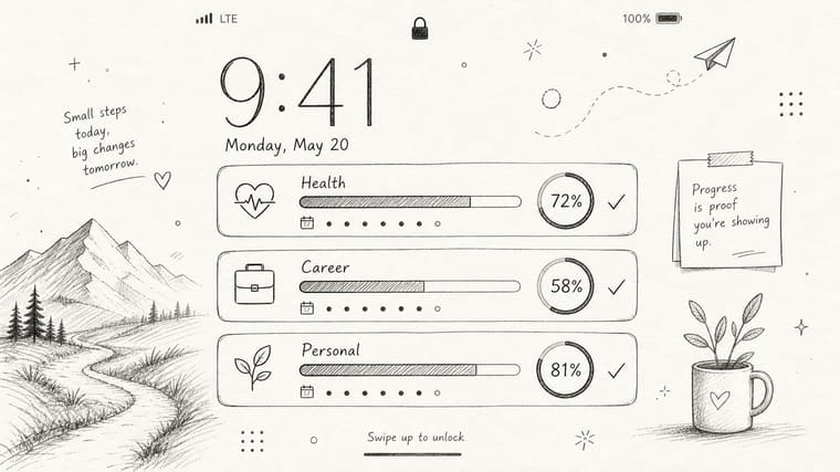 A digital sketch interface displaying personal growth progress trackers for health, career, and personal goals on screen.