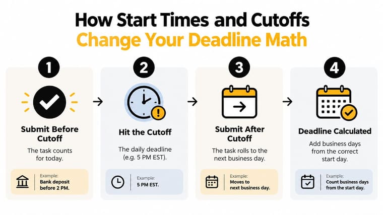 A four-step infographic illustrating how daily cutoff times and business days affect task and deposit deadlines.