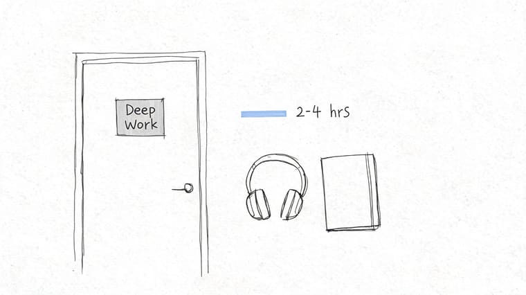 A hand-drawn illustration showing a door labeled Deep Work, headphones, a book, and a 2-4 hour duration indicator.