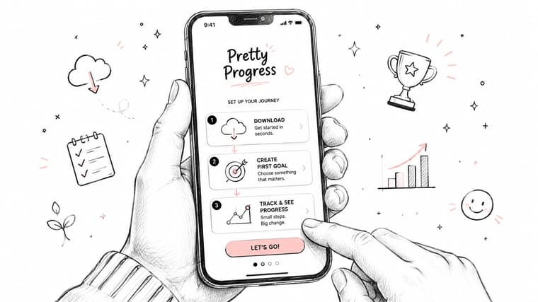 A hand holding a smartphone displaying the Pretty Progress habit tracking app setup screen with three steps.