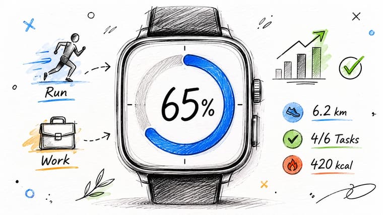 Hand-drawn illustration of a smartwatch showing a sixty-five percent progress bar with fitness and work tracking icons.