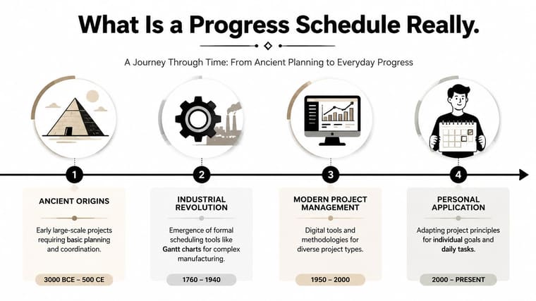 A timeline graphic illustrating the evolution of progress schedules from ancient projects to modern personal task management.