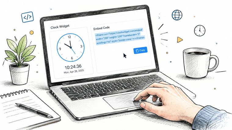 A digital illustration of a hand using a laptop to customize a website clock widget embed code.