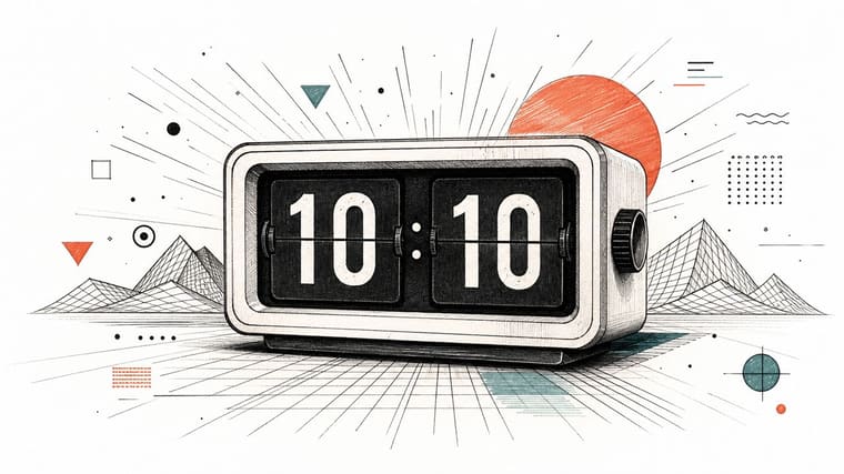 A retro-styled flip clock displaying 10:10 with abstract geometric shapes and mountains in the background.