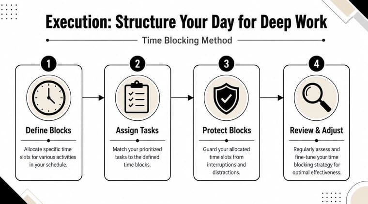 A diagram outlining a four-step time blocking method for professionals to structure their day for deep work.