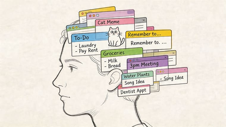 A conceptual illustration of a human head surrounded by many digital computer windows representing a distracted mind.