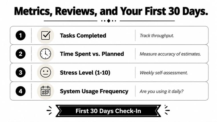 A list of four key performance metrics including tasks completed, time spent, stress levels, and system usage frequency.