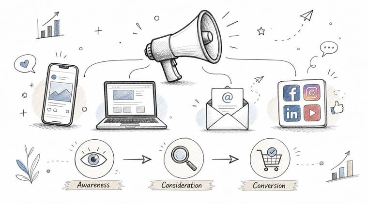 A sketched illustration representing a marketing funnel moving from awareness to consideration and finally to conversion.
