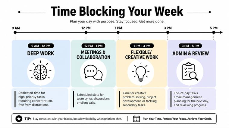 A visual schedule showing a time-blocking method for structuring the workday from 9 AM to 5 PM.