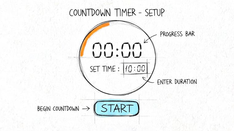 A hand-drawn sketch of a countdown timer interface showing the time set to 10 minutes and start button.