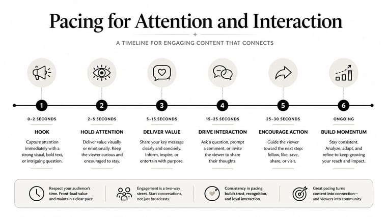 A timeline graphic illustrating the six stages of content pacing for attention and engagement from seconds to ongoing.