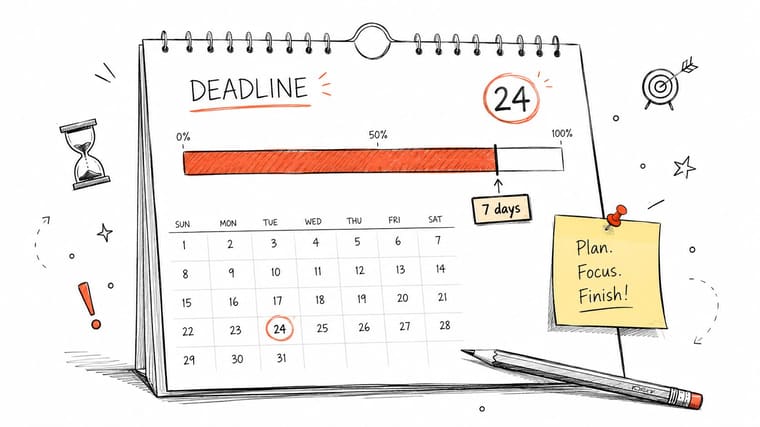 A sketched calendar showing a deadline marked on the 24th with a progress bar and planning notes.