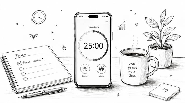 A hand-drawn illustration showing a smartphone with a Pomodoro timer, a notebook, coffee mug, and plant on a desk.