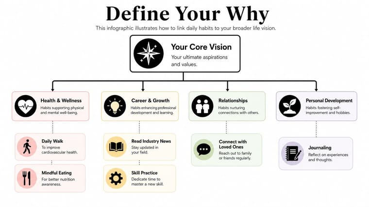 A diagram illustrating how to align daily habits with your core vision and personal values.