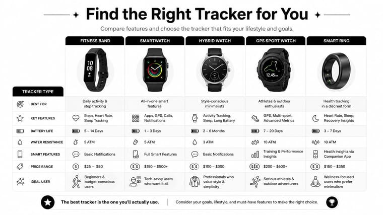 A comparison chart showing features, battery life, and price ranges for five types of wearable fitness trackers.