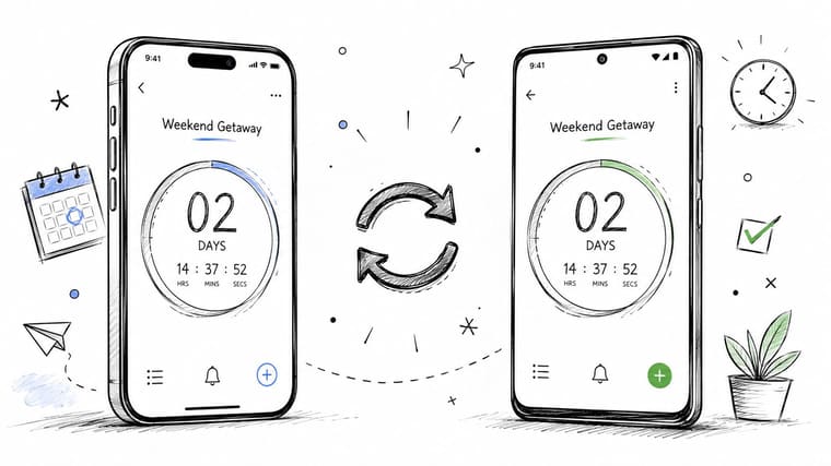 Two smartphones displaying identical countdown timers for a weekend getaway, surrounded by hand-drawn icons.