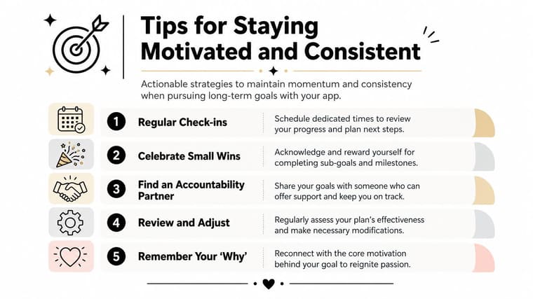 A motivational infographic listing five strategies for maintaining progress and consistency when working towards long-term app goals.