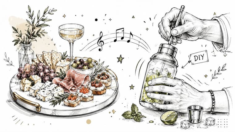 A hand-drawn illustration showing an elegant charcuterie board and a person mixing a DIY cocktail.
