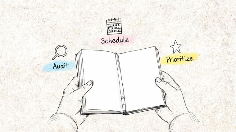 A hand-drawn illustration showing hands holding an open book with icons for audit, schedule, and prioritize.