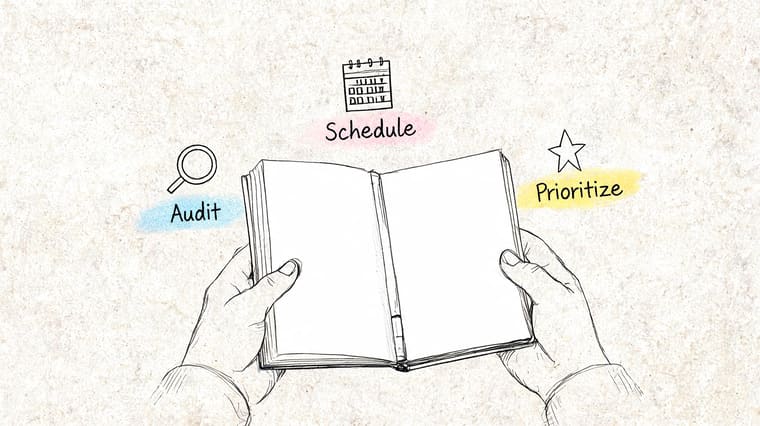 A hand-drawn illustration showing hands holding an open book with icons for audit, schedule, and prioritize.
