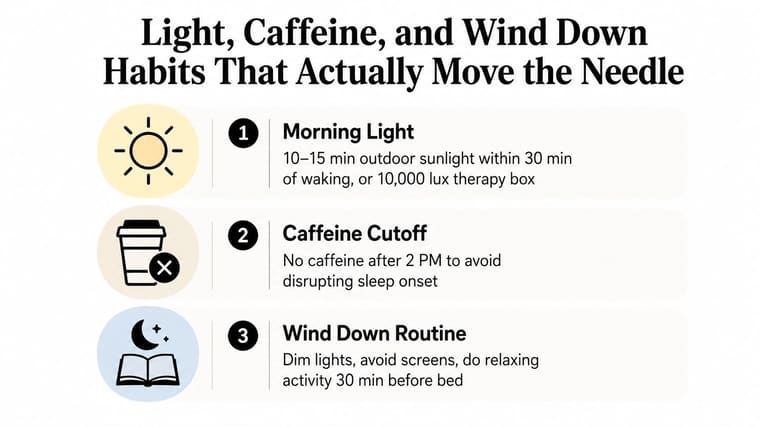 A list of three essential daily habits for better sleep including morning light, caffeine cutoff, and wind-down routines.