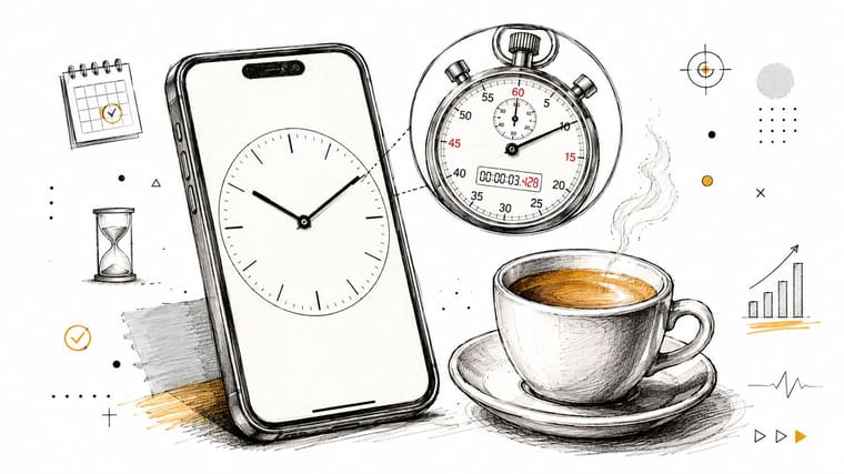 A conceptual hand-drawn illustration showing a smartphone with a clock face, a stopwatch, and a coffee cup.