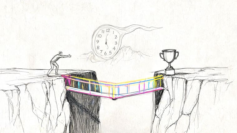 A pencil sketch of a man reaching toward a trophy across a bridge with a melting clock.