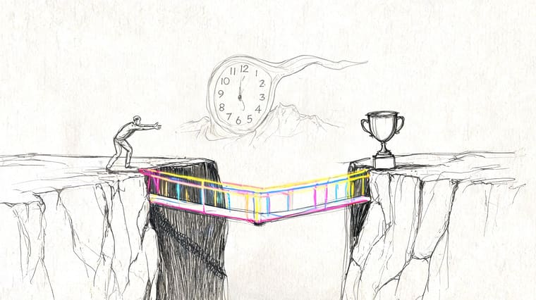A pencil sketch of a man reaching toward a trophy across a bridge with a melting clock.