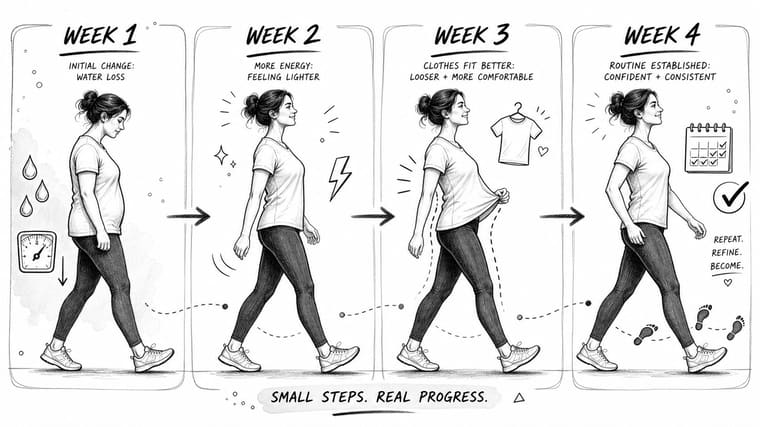 A four-week visual guide showing a woman progressing on a healthy weight loss and fitness journey.