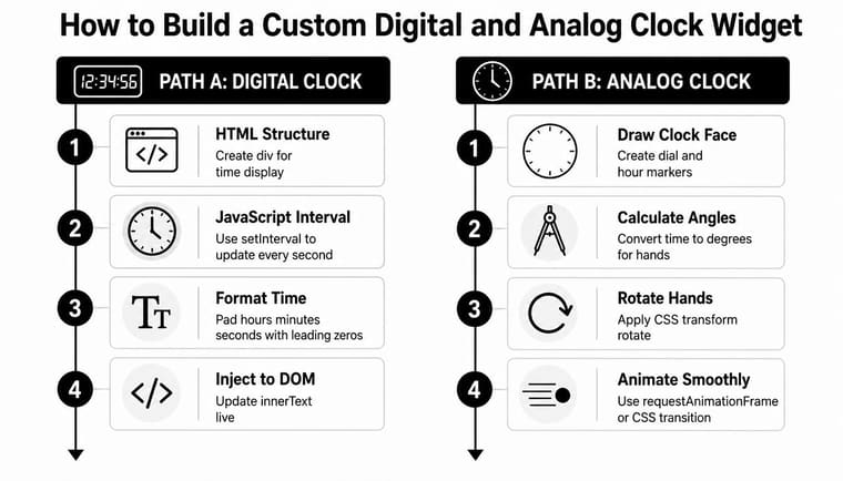 A flowchart diagram illustrating the steps to build custom digital and analog clock widgets for websites.