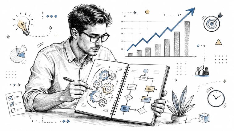 A professional man drawing business strategy, gears, and process diagrams in a notebook with analytical charts nearby.