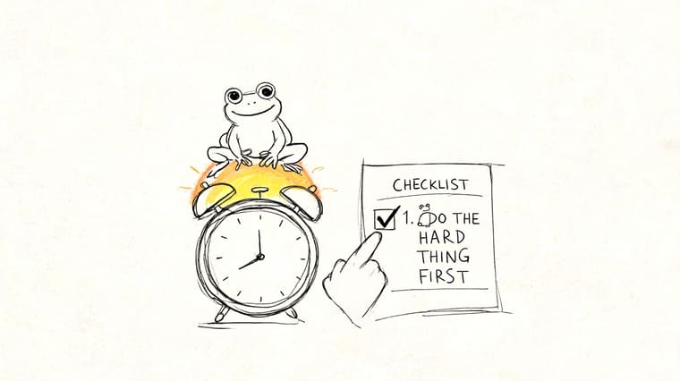 A hand checking off a checklist item labeled 'Do the hard thing first' next to a clock.