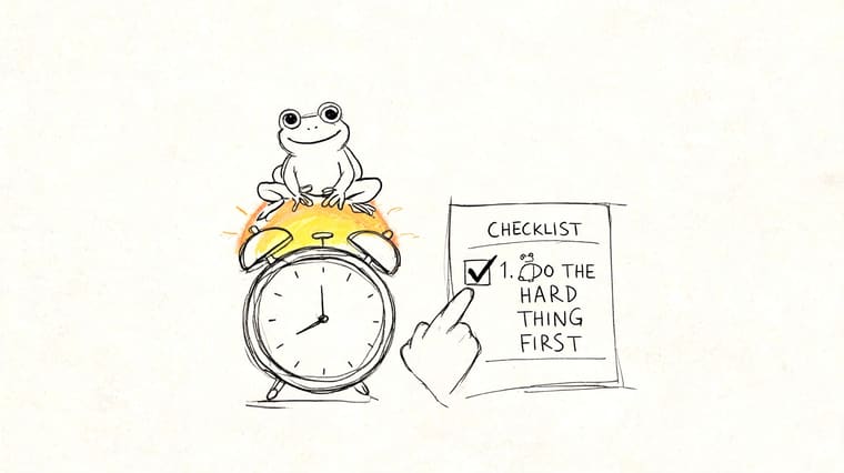 A hand checking off a checklist item labeled 'Do the hard thing first' next to a clock.