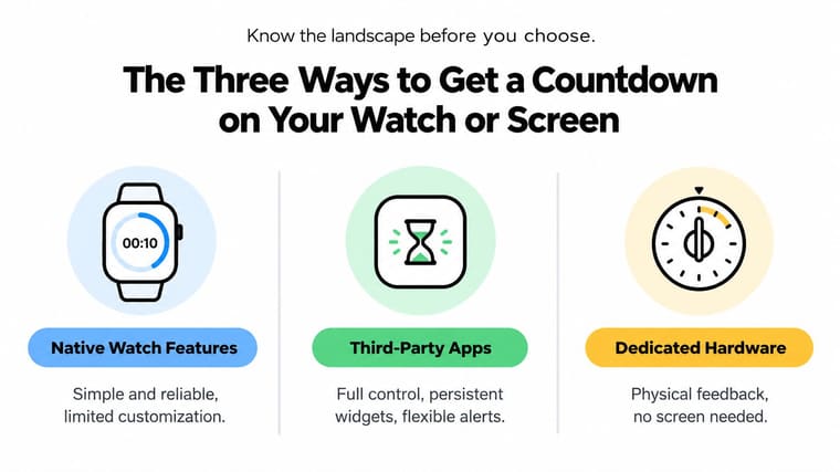 An infographic titled The Three Ways to Get a Countdown on Your Watch or Screen showing three options.