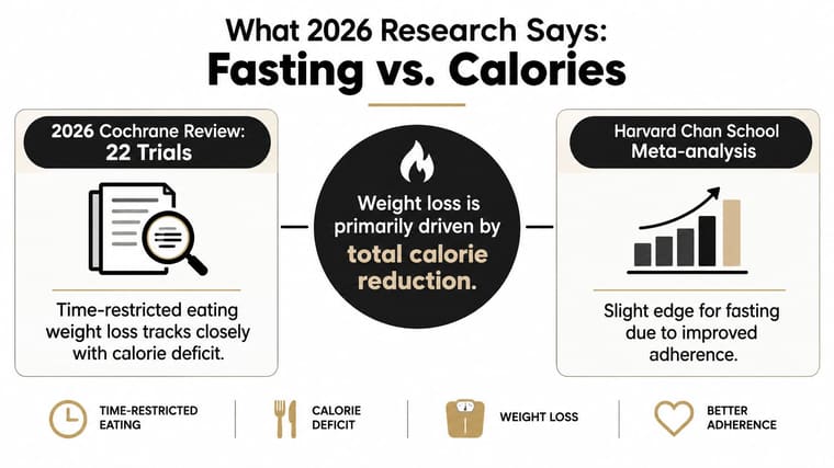 An infographic titled What 2026 Research Says comparing time-restricted fasting and calorie reduction for weight loss.