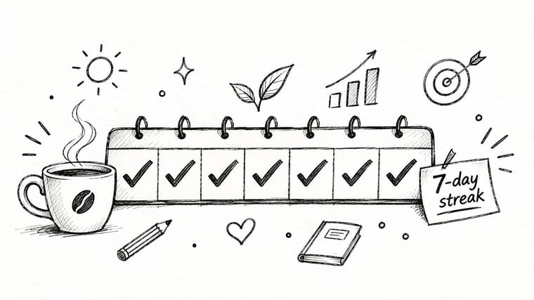 A hand-drawn illustration showing a coffee cup, a seven-day calendar with checkmarks, and positive habit icons.