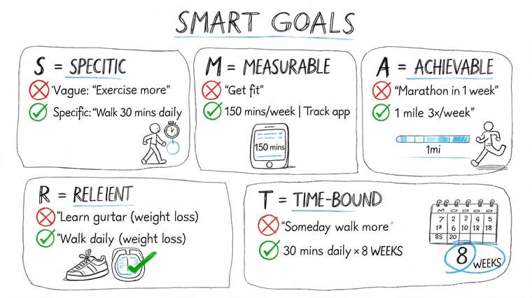 A hand-drawn educational diagram explaining the SMART goals framework with examples for each component.