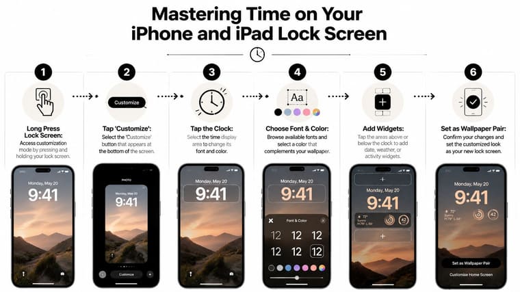 A six-step guide illustrating how to customize the lock screen clock, font, and widgets on an iPhone.