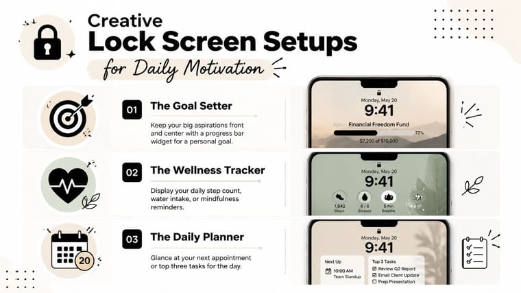 An infographic showing three creative iPhone lock screen setups using goal, wellness, and productivity widgets.