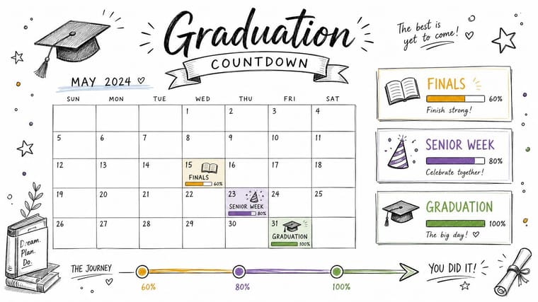 A hand-drawn May 2024 calendar illustrating a graduation countdown with progress bars for finals, senior week, and graduation.