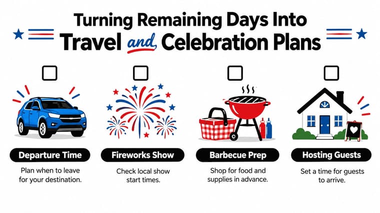 A checklist for July 4th holiday preparations featuring icons for travel, fireworks, barbecue, and hosting guests.