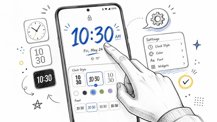 A hand selecting lock screen clock customization options on a smartphone display through a drawing illustration.