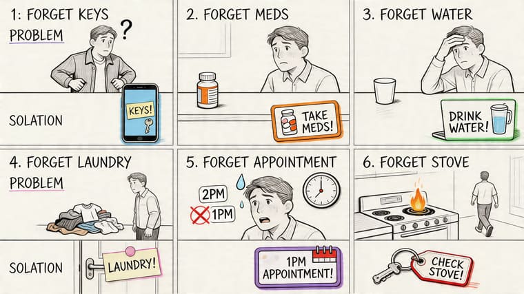 A six-panel comic showing solutions for common forgetfulness issues experienced by people with ADHD.