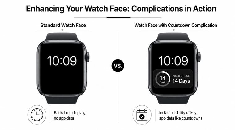 A comparison showing an Apple Watch with a basic time display versus one with a countdown complication.